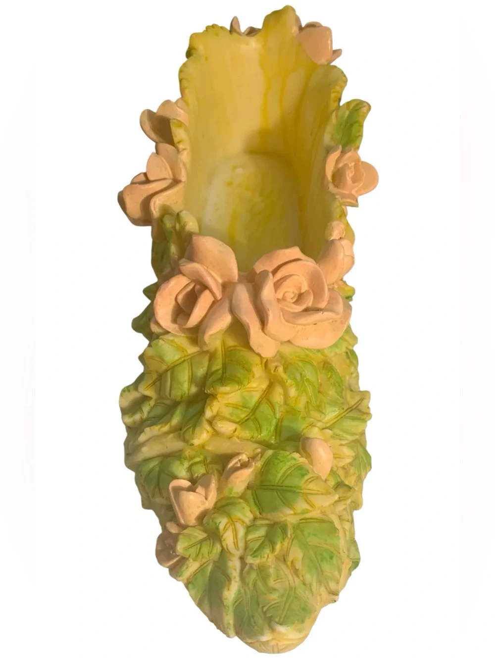 Vintage Whimsical High Heel  Figurine. Pastel Yellow With Lovely Pink Roses🩷💚💛